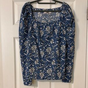 Loft Floral Blue and White Long Sleeve Top, Medium